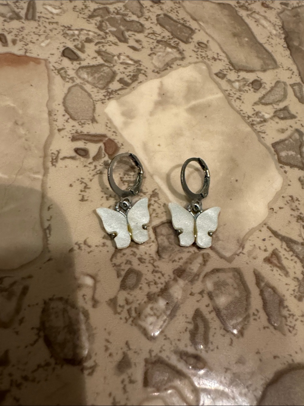 White Butterfly Pendant Hoop Earrings